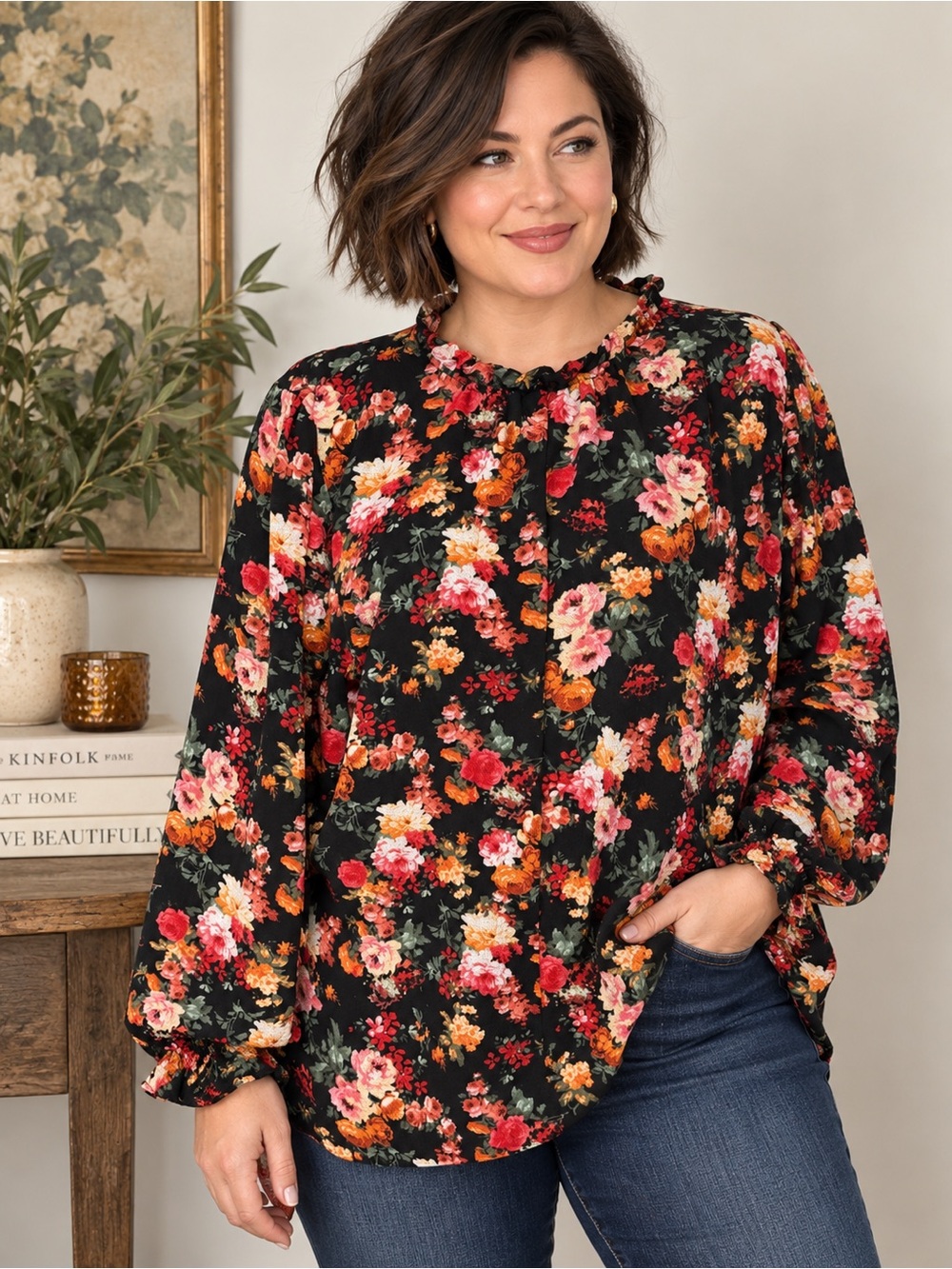 Black Floral Ruffle Neck Romantic Boho Blouse XL Cottagecore Fall
